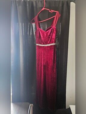 Burgundy Velvet Maxi Dress with Rhinestone Waist